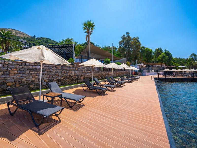 Zonnig terras bij zwembad met ligstoelen en parasols aan helder blauw water.