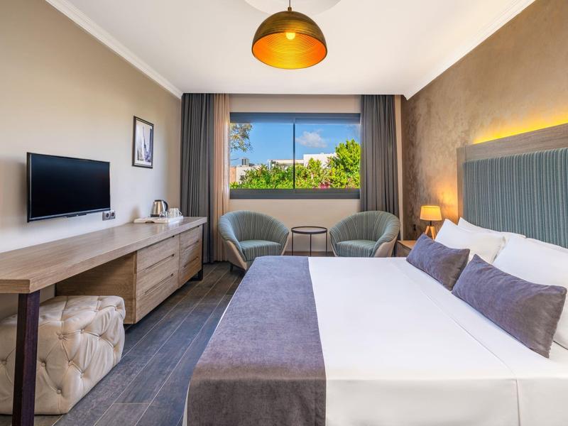 Moderne hotelkamer met kingsize bed, tv, twee stoelen, bureau en raam met uitzicht op tuin.