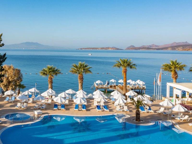 Resortzwembad met parasols en palmbomen uitzicht op rustige oceaan en bergen in de verte.