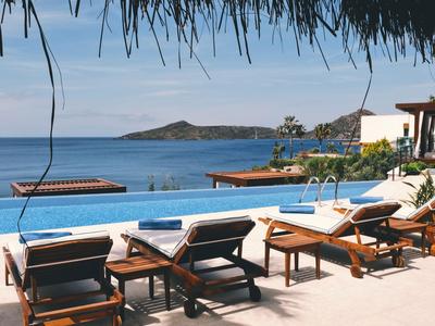 Piscina infinity con tumbonas con vistas al mar y una pequeña isla al fondo.