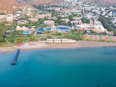 Aerial view of a beach resort with pools and a long pier extending into the sea.