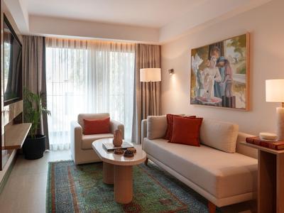 Soggiorno accogliente con divano, poltrona, tappeto e grande finestra con tende.