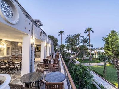 Terrazza esterna di un hotel con tavoli che si affacciano su un giardino con palme.