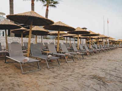 Reihe von Liegestühlen mit Strohschirmen am Sandstrand bei ruhigem Himmel.