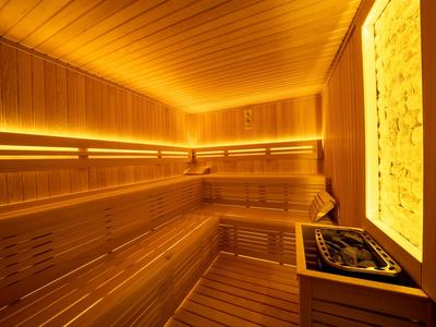 Hell beleuchtete Sauna aus hellem Holz mit Sitzbänken und einem Steinofen.