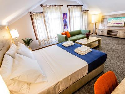 Světý a moderní hotelový pokoj s velkou postelí, pohovkou, stolem a televizí.