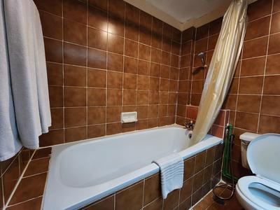 Badezimmer mit braun gefliester Wand, weißer Badewanne, Duschvorhang und WC.