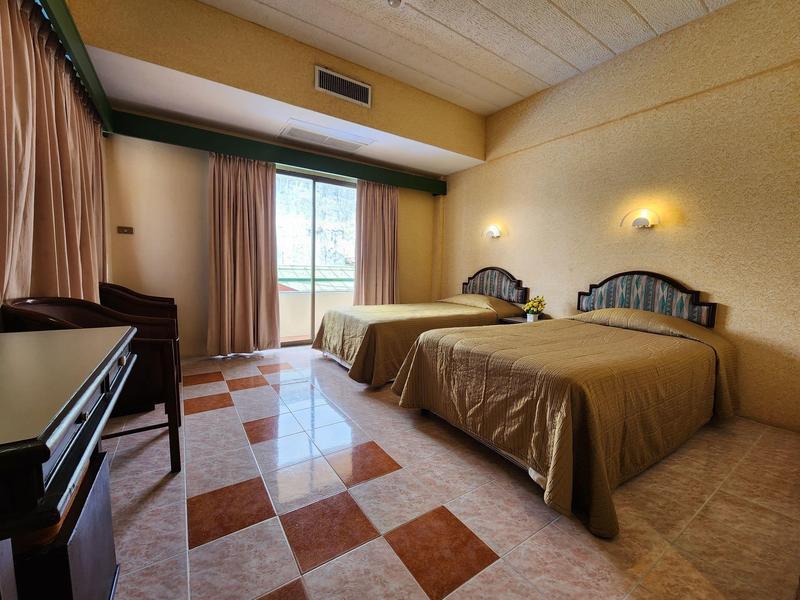 Hotel room with two single beds, brown bedspreads, and large window with curtains.
