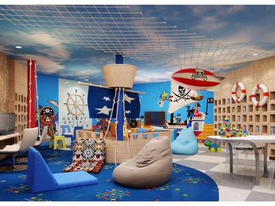 Colorful children's playroom with bean bags, pirate decor, and play materials.