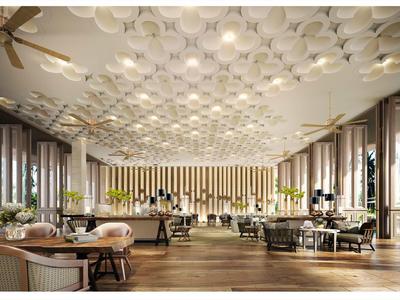 Spacious, bright dining area with wooden floors, modern furniture, and decorative ceiling.