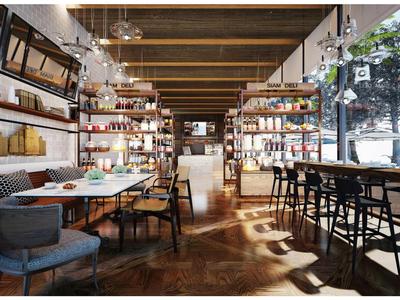 Modern café with wooden beam ceiling, mixed seating, and large windows showing an outdoor view.