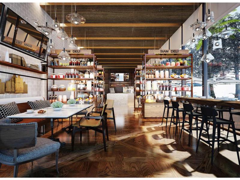 Modern café with wooden beam ceiling, mixed seating, and large windows showing an outdoor view.