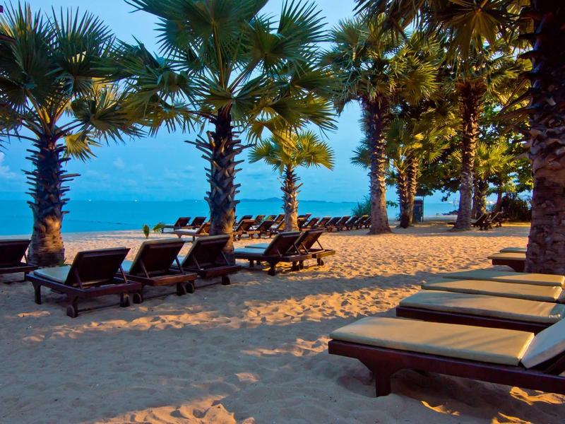 Strand mit Palmen und Liegestühlen, Sonnenlicht wirft warme Schatten auf den Sand.