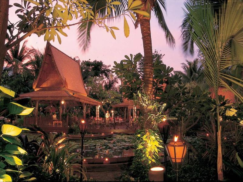 Tropischer Garten mit Palmen, beleuchtet von warmem Licht bei Abenddämmerung.