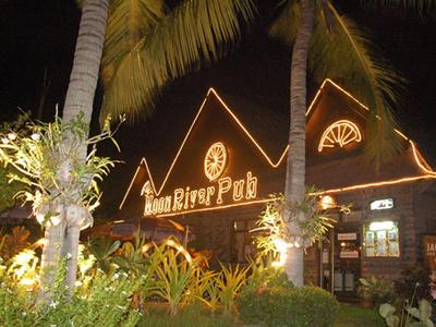 Nachtaufnahme eines beleuchteten Pubs mit Palmen und Pflanzen im Vordergrund.