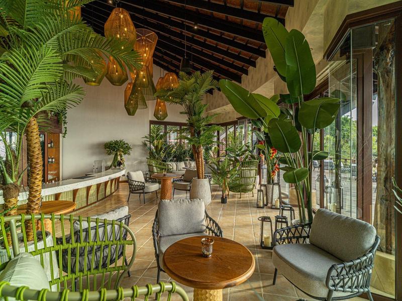 Cozy hotel terrace with exotic plants, wooden ceiling, and modern seating furniture.