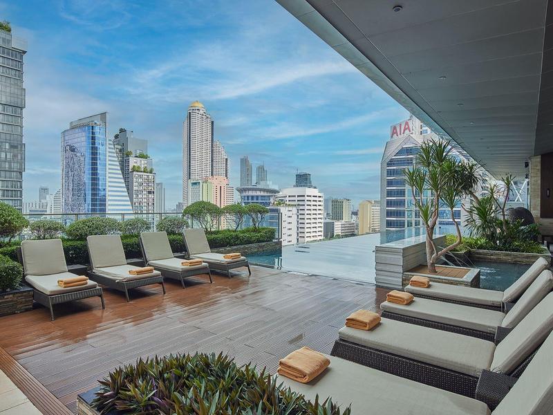 Dachterrasse mit Liegestühlen, Holzdeck, Pool und Blick auf Hochhäuser bei klarem Himmel.