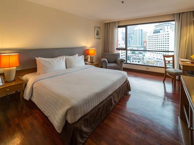 Modern eingerichtetes Hotelzimmer mit Doppelbett und Stadtblick durch großes Fenster.