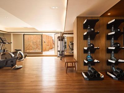 Moderner Fitnessraum mit Hanteln, Ausdauergeräten und großem Fenster mit Blick nach draußen.