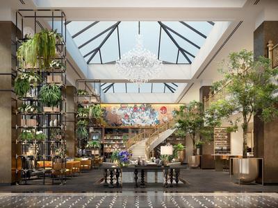 Großer lichtdurchfluteter Raum mit Glasdecke, grünen Pflanzen, Kunst und eleganter Treppe.