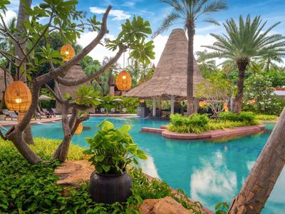 Tropischer Resort-Pool mit Palmen, Strohdach und Laternen bei klarem Himmel.