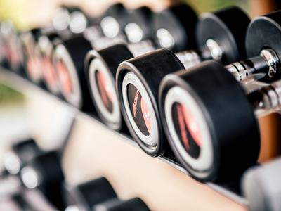 Reihe von Kurzhanteln auf einem Ständer in einem Fitnessstudio.