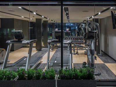 Moderní posilovna s běžeckými pásy, činkami a rostlinami za velkými skleněnými okny.