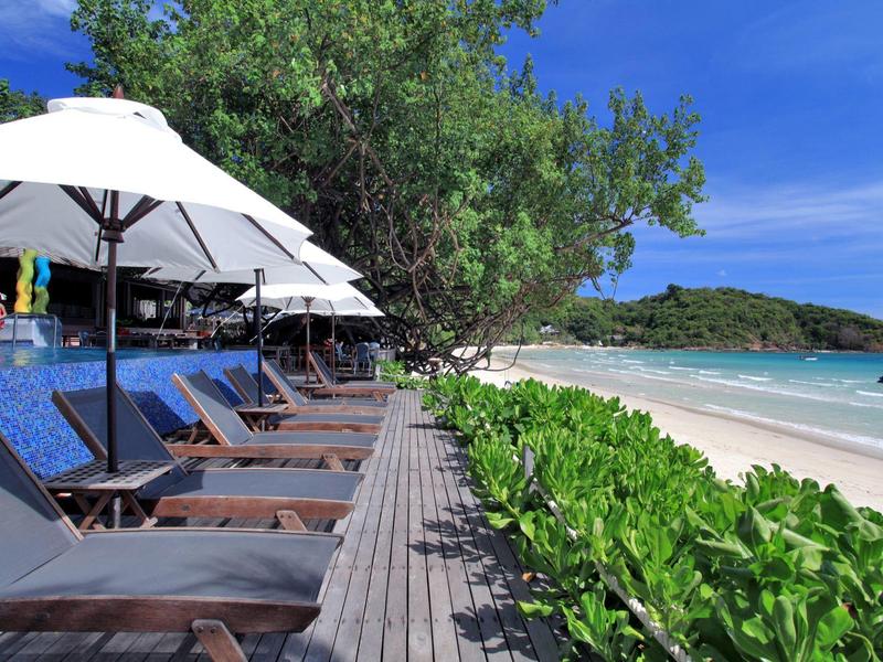 Strand mit Holzsteg, Liegestühlen, weißen Sonnenschirmen, grünen Pflanzen und blauem Himmel.
