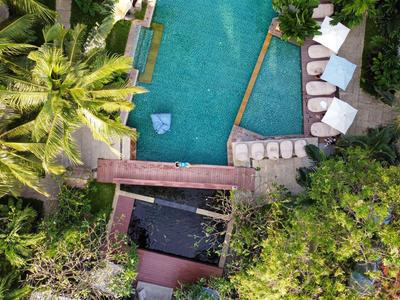 Vue aérienne d'une piscine avec un pont, entourée d'arbres et de parasols.
