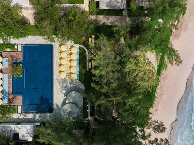 Blick von oben auf einen Pool mit gelben Liegestühlen neben einem Strand mit grünem Bewuchs.