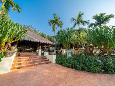 Eingang zu einer tropischen Resort-Bar mit Palmen und üppiger Vegetation unter klarem Himmel.