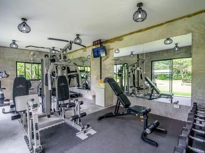 Palestra moderna con attrezzi, pesi e grandi specchi vicino alle finestre.