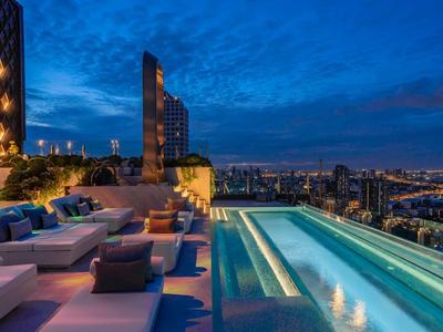 Luxurious rooftop pool with comfortable loungers and city view at dusk.