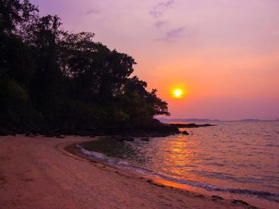 Sunset at the beach with calm sea and wooded shoreline