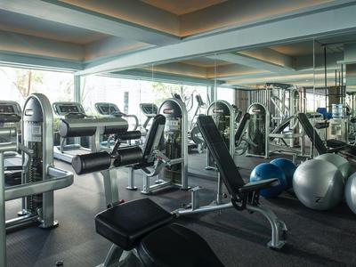 Modern gym with exercise machines, mirrored wall, and fitness balls in a bright room.