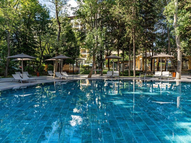 Jasně modrá bazénová plocha s lehátky a slunečníky obklopená stromy.