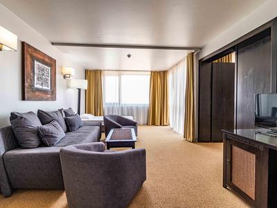 Helles Wohnzimmer mit grauem Sofa, runden Sesseln, TV, Teppichboden und großen Fenstern mit gelben Vorhängen.