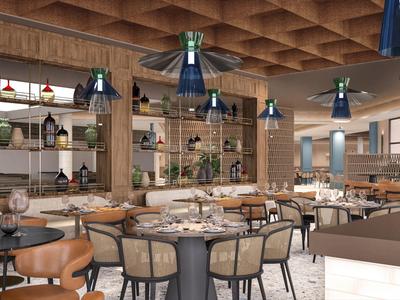 Modernes Restaurant mit Holzdecke, runden Tischen, Ledersesseln und großen Hängelampen.