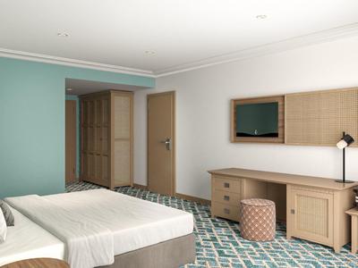 Habitación de hotel moderna con dos camas, escritorio, espejo y alfombra con diseño.