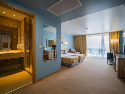 Hotelzimmer mit Doppelbett, Schreibtisch, Fernseher und Zugang zu einem Balkon.
