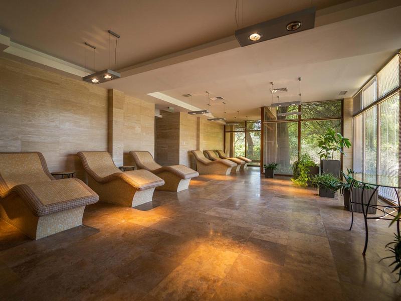 Área moderna de spa con tumbonas y grandes ventanas que ofrecen relajación y tranquilidad.