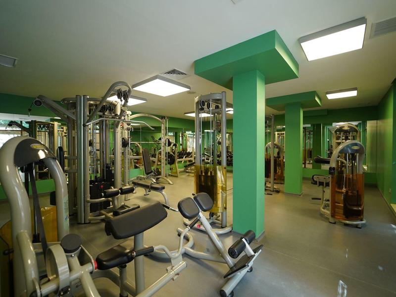 Gimnasio bien iluminado con paredes verdes y diversas máquinas de entrenamiento.