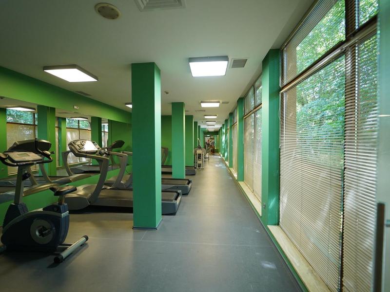 Gimnasio moderno con equipos de entrenamiento y grandes ventanas con vista al jardín.