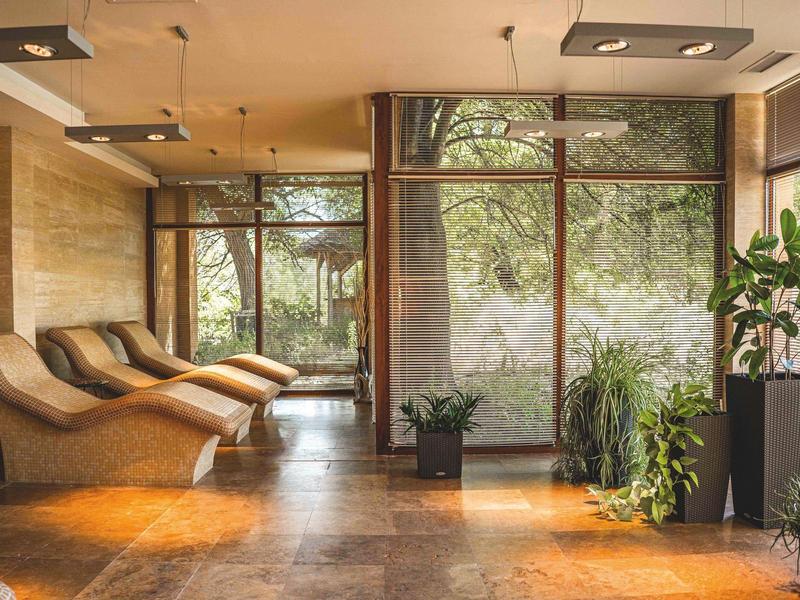 Sala de spa luminosa con tumbonas, grandes ventanas y plantas verdes en luz cálida.