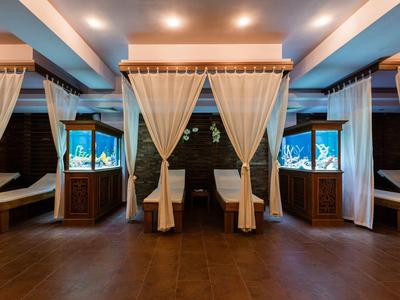 Innenraum mit bequemen Sitznischen, Vorhängen und großen Aquarien an den Wänden.