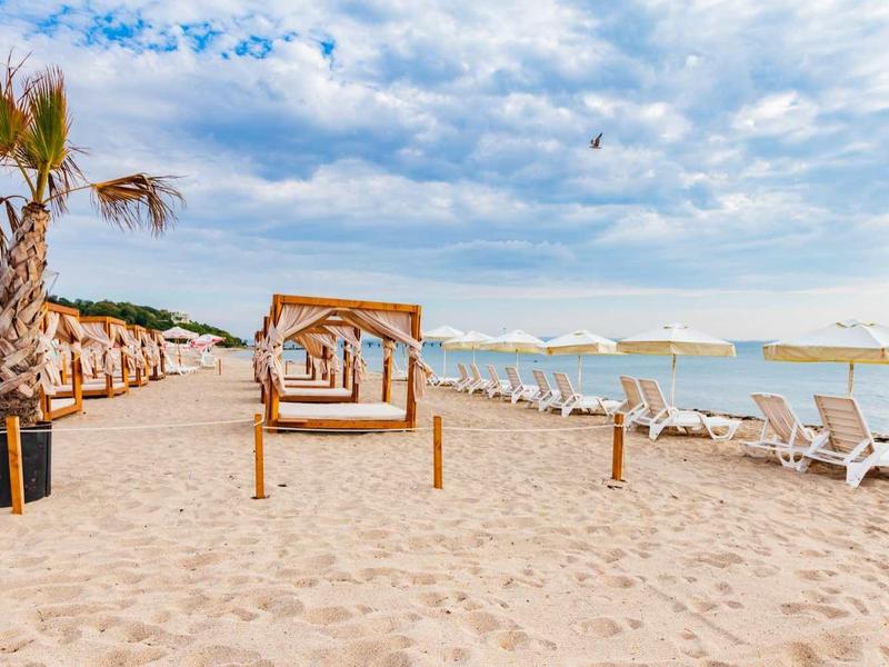 Strand mit Liegestühlen, Sonnenschirmen, Palmen und blauem Himmel über ruhigem Meer.