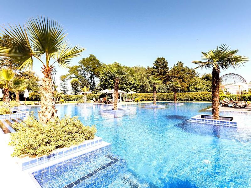 Großer Pool mit blauer Wasserfläche, Palmen und Sonnenschirmen bei klarem Himmel.