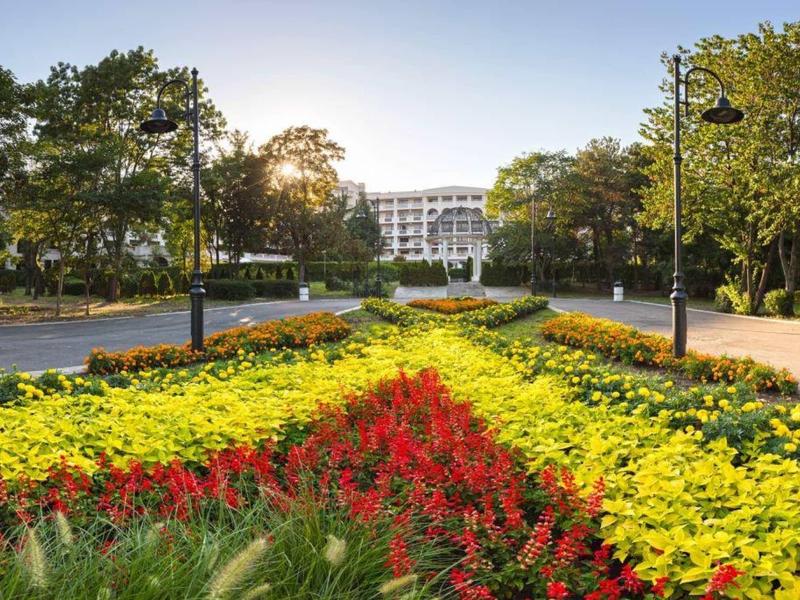 Bunter Blumenweg mit roten und gelben Blumen führt zu einem weißen Gebäude, umgeben von Bäumen.