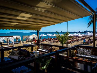 Bar de playa soleada con vista a tumbonas y sombrillas en la playa de arena.