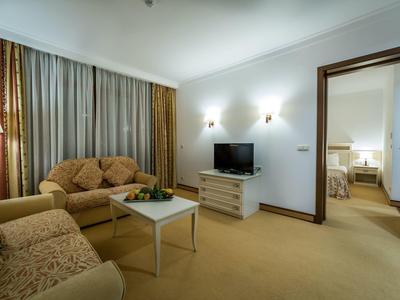 Sala acogedora con sofá, sillones, televisor y acceso al dormitorio en una habitación de hotel.